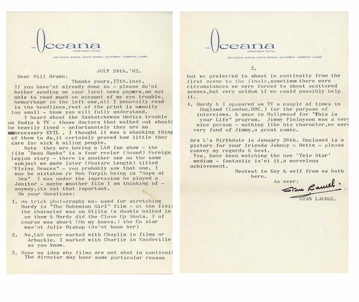 Stan Laurel Letter Signed -- ''...No trick photography was used for stretching Hardy in 'The Bohemian Girl'...I worked with Charlie [Chaplin] in Vaudeville...''